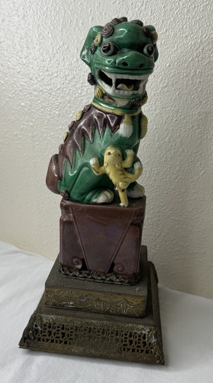 Vintage Green Porcelain Foo Dog On Brass Base 1920’s Was A Lamp* Now A Statue