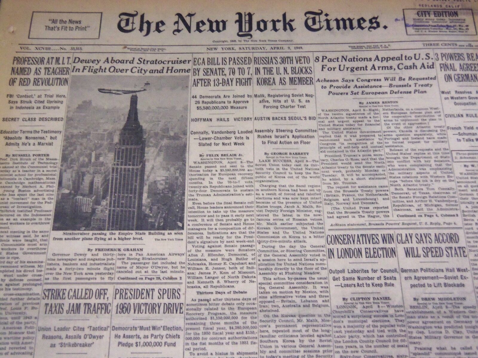 1949 APRIL 9 NEW YORK TIMES - RUSSIA'S 30TH VETO BLOCKS KOREA FOR U. N - NT 2669