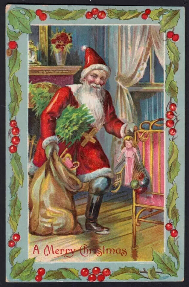 Red Robe  Santa Claus with Tree~Toys ~Holly~Antique  Christmas Postcard~k262