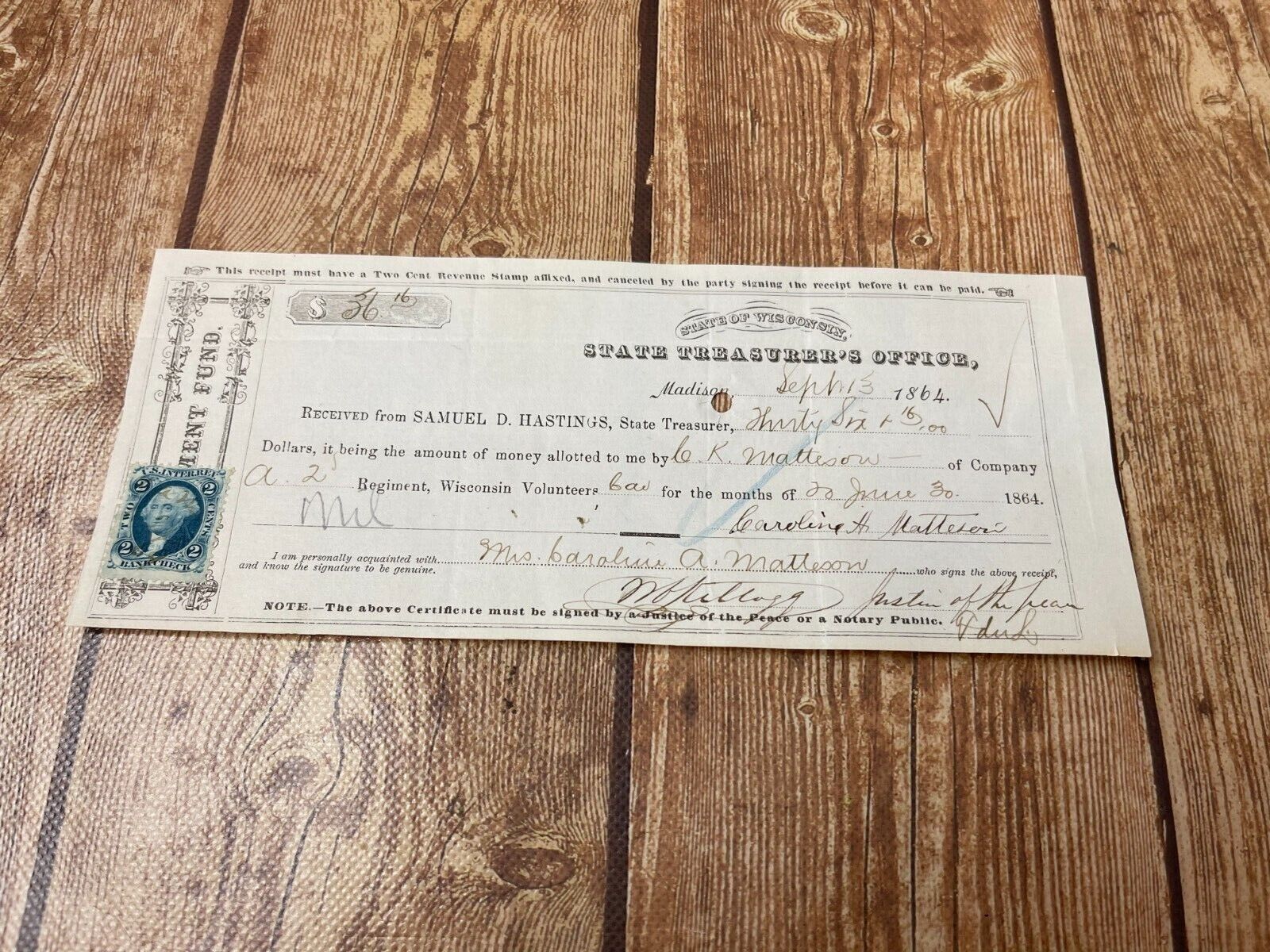 1864 Wisconsin State Treasurer\'s office certificate receipt 2 cent postage stamp