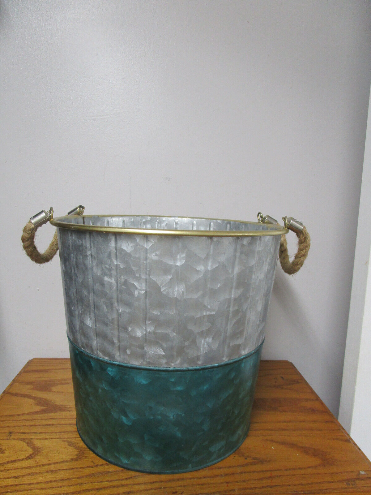 Galvanized Metal Bucket Garden Planter with Rope Handle and Gold Trim