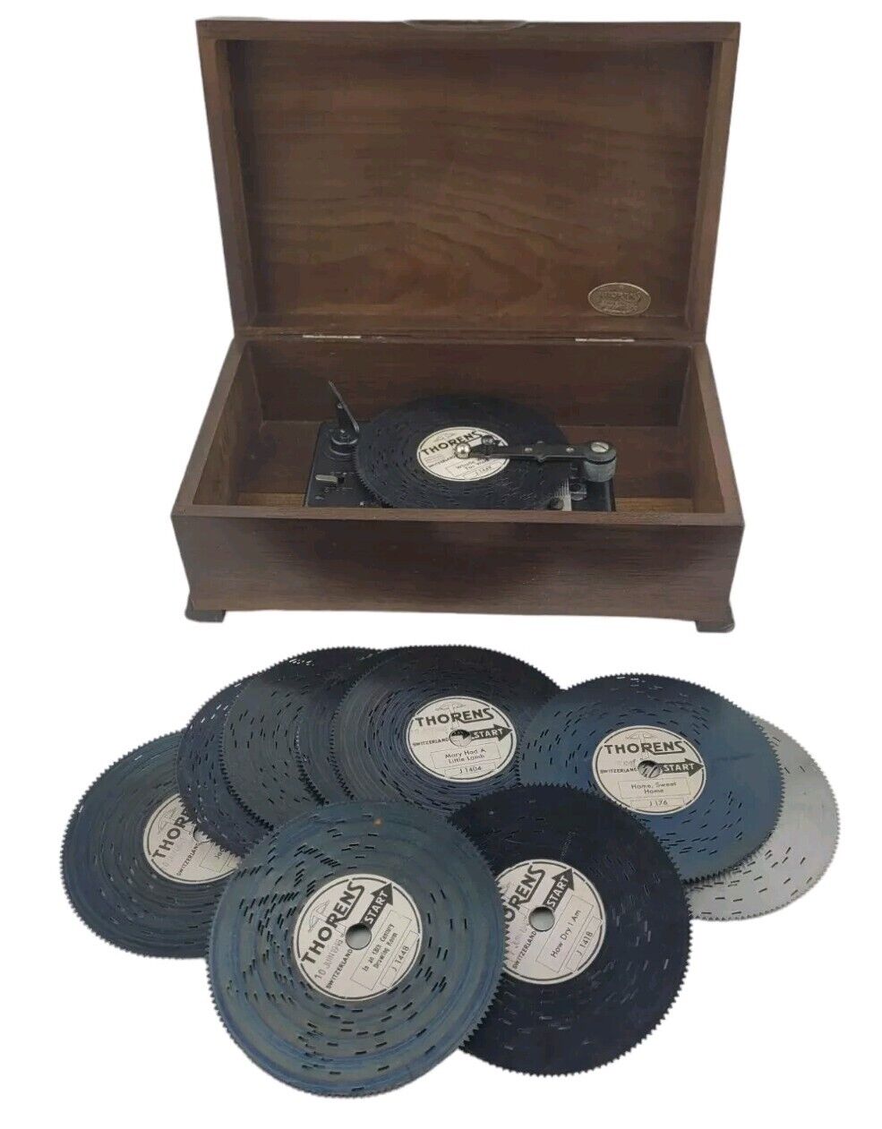 Antique Thorens Swiss Key Wind Up Music Wood Box Player & 10-Discs Works