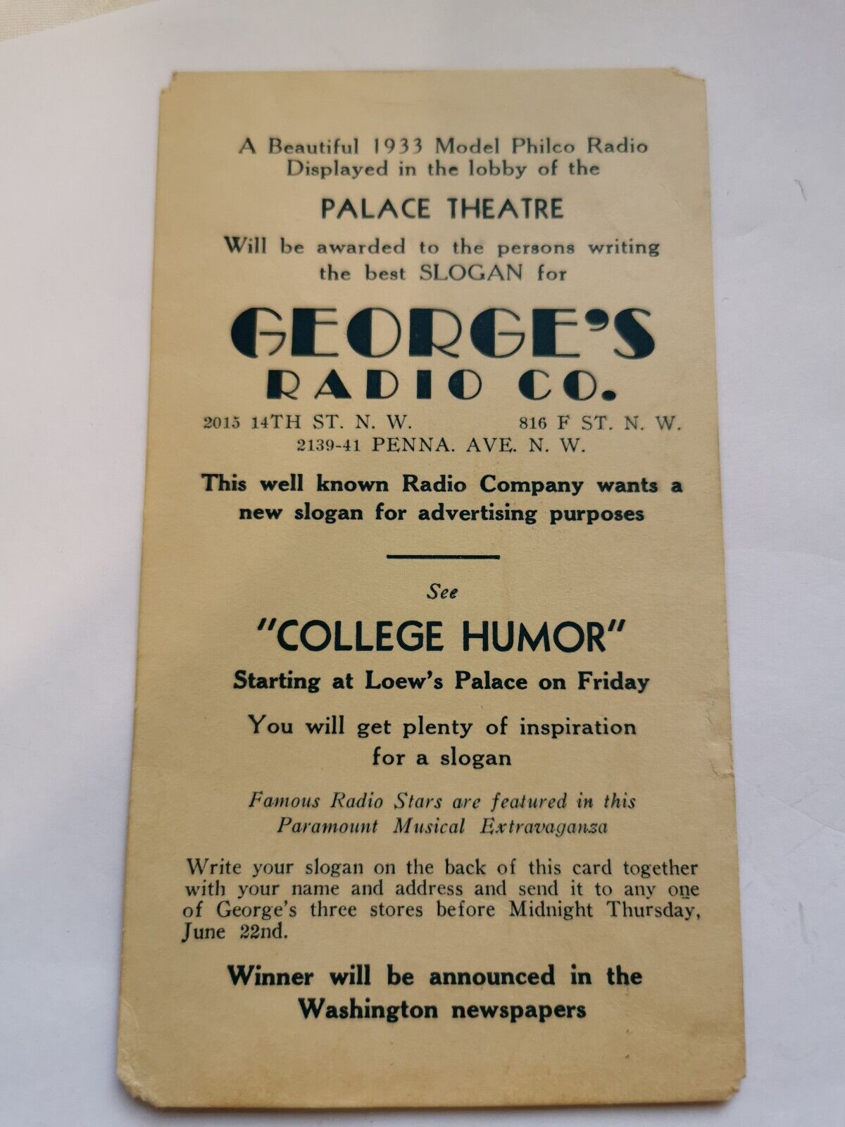 1933 George's Radio Co, Washington Radio Advertisement Contest Card RARE
