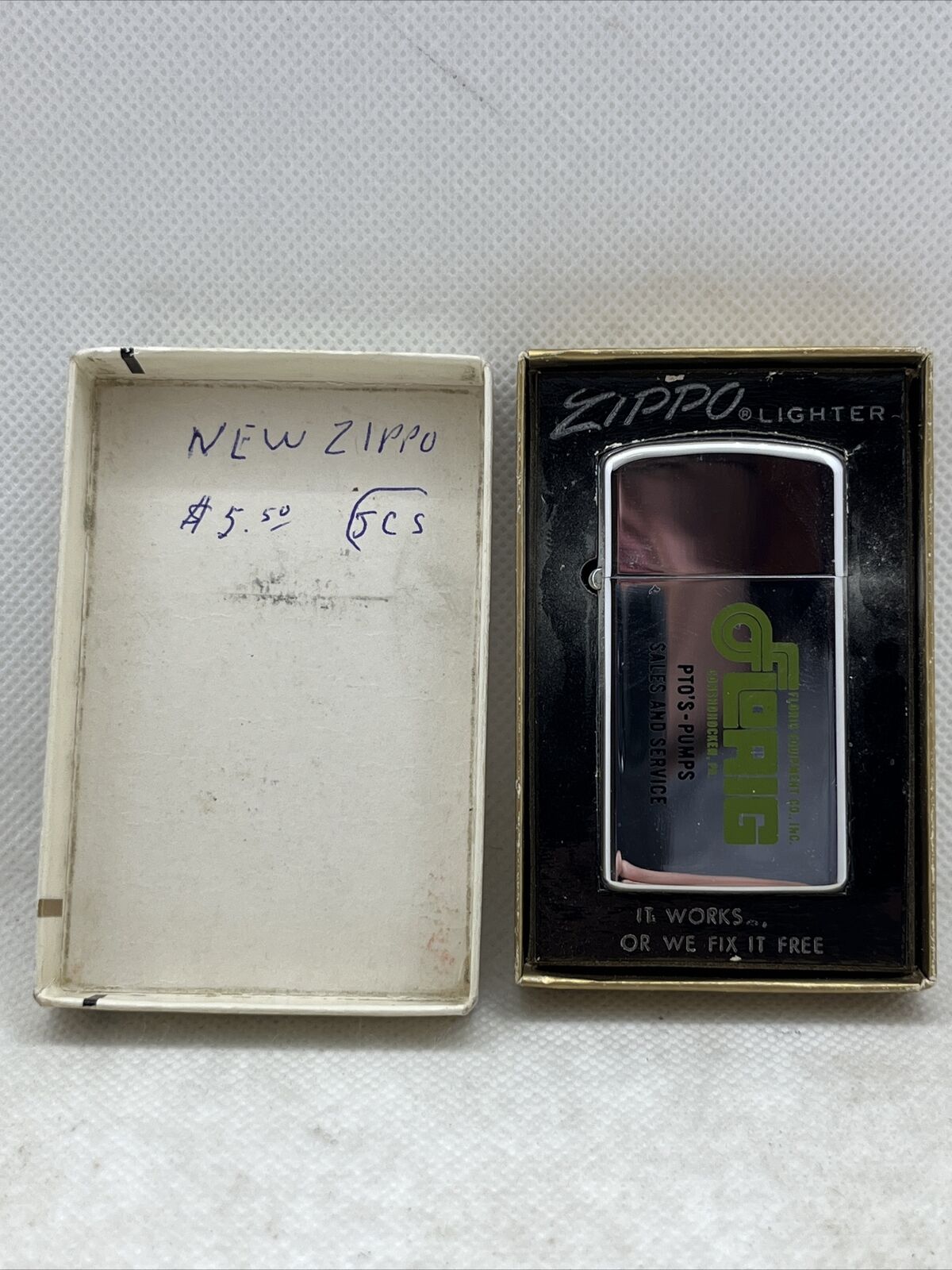 New In Box Vintage Zippo Slim Lighter Florig Branded PTO-Pumps Conshohocken PA
