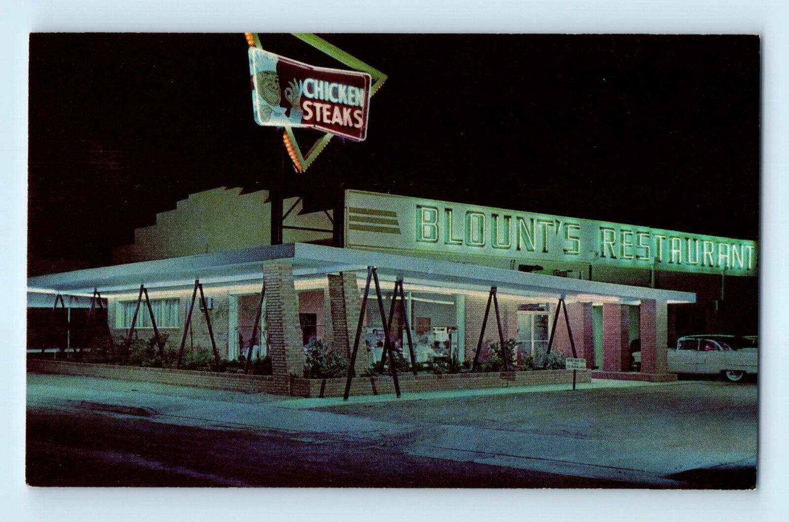 Carlsbad New Mexico Blount\'s Restaurant Chicken Steaks Night View  Postcard C6