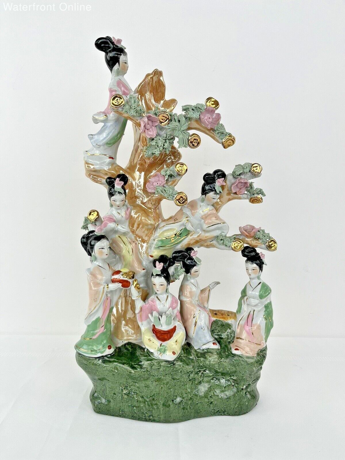 VTG Oriental Geisha Women Money Tree Figurine Porcelain Feng Shui Good Fortune