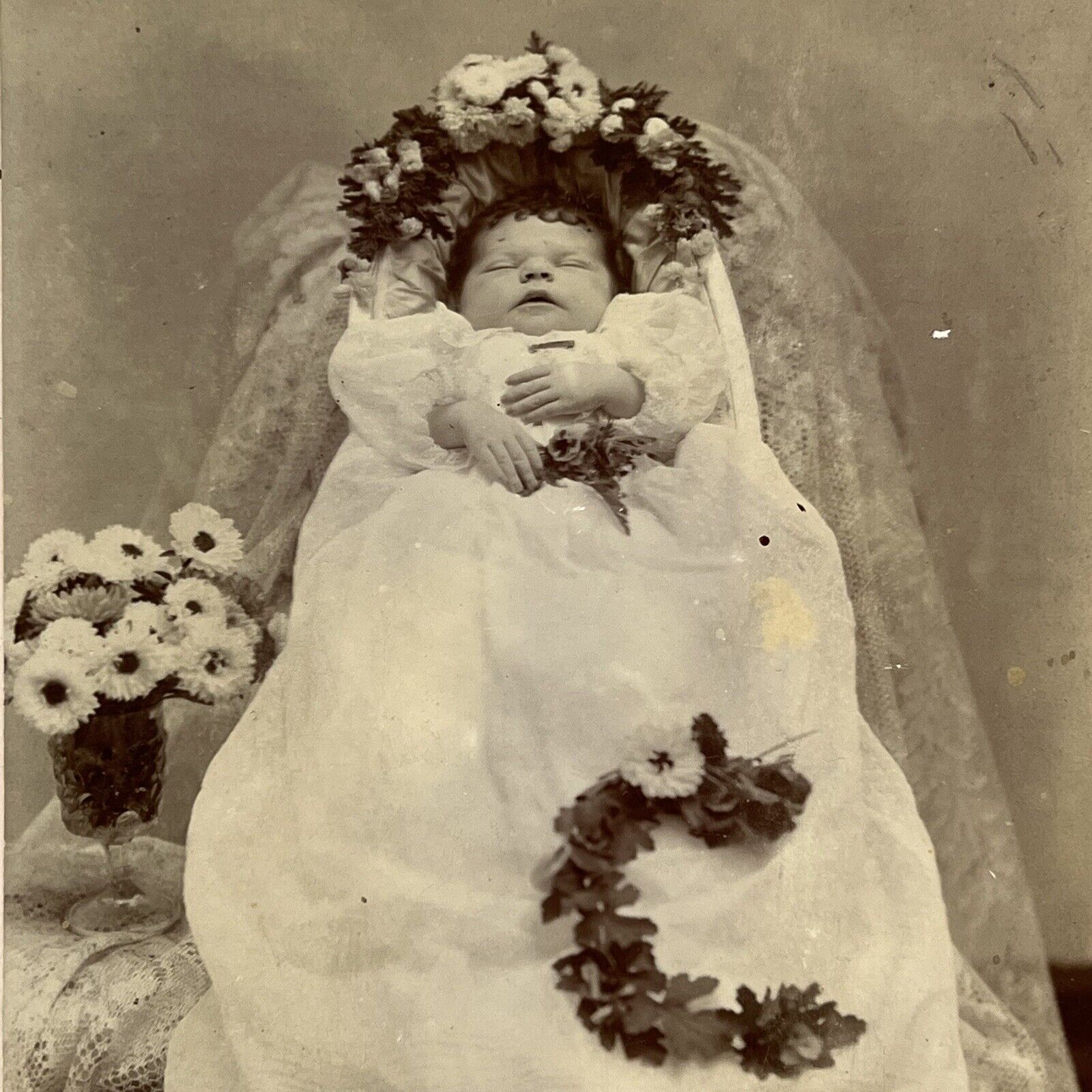 Antique Cabinet Card Photograph Post Mortem Baby Child Casket Flowers Camden MI