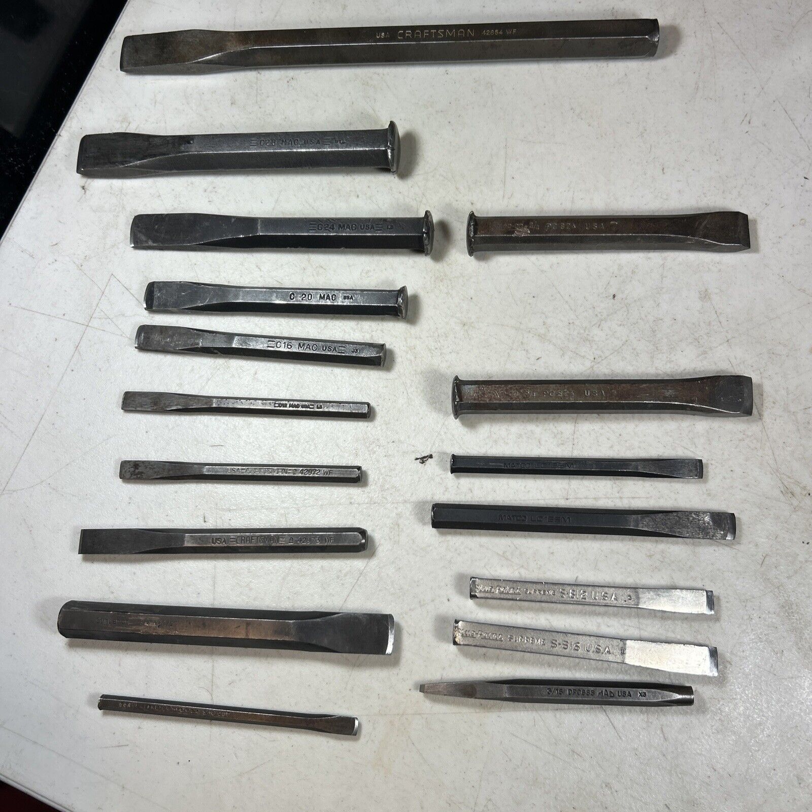 Big Lot Of L Chisels, Snap On, Mac, Matco, Craftsman & More Various Sizes