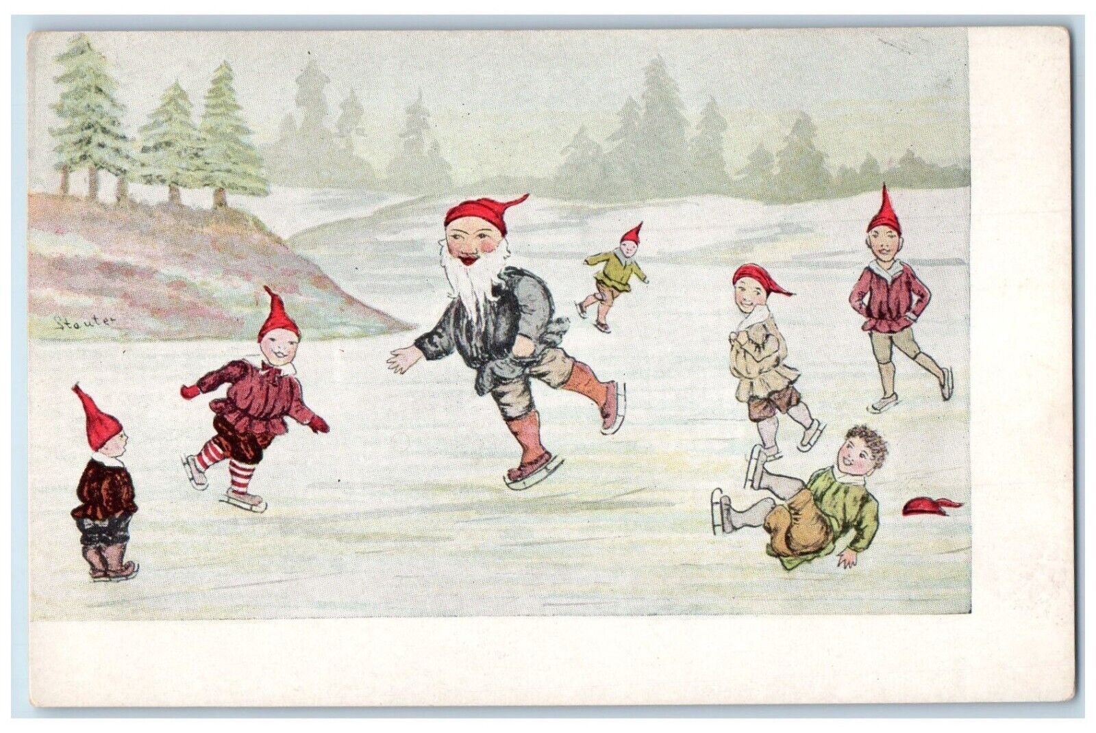 c1905 Christmas Elves Ice Skating Winter Snow Pine Tree Antique Postcard