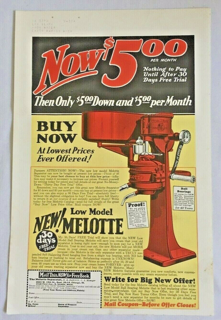 1935 Melotte Cream Separator Print Ad Paper Advertisement Agriculture Dairy 3081