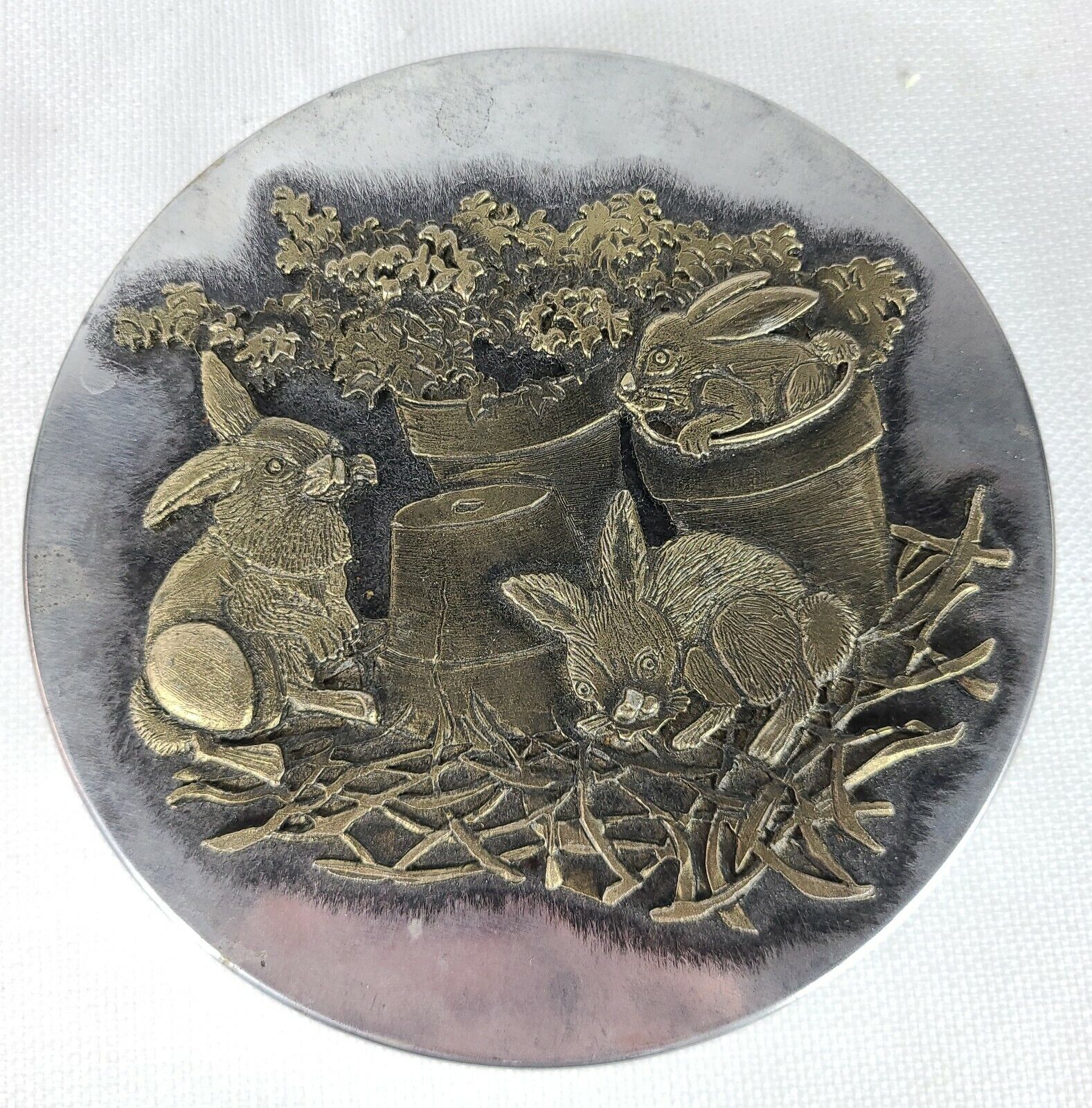 Vintage Raised Metal Easter Rabbit Bunny Rabbits Bunnies Round Metal Tin Decor