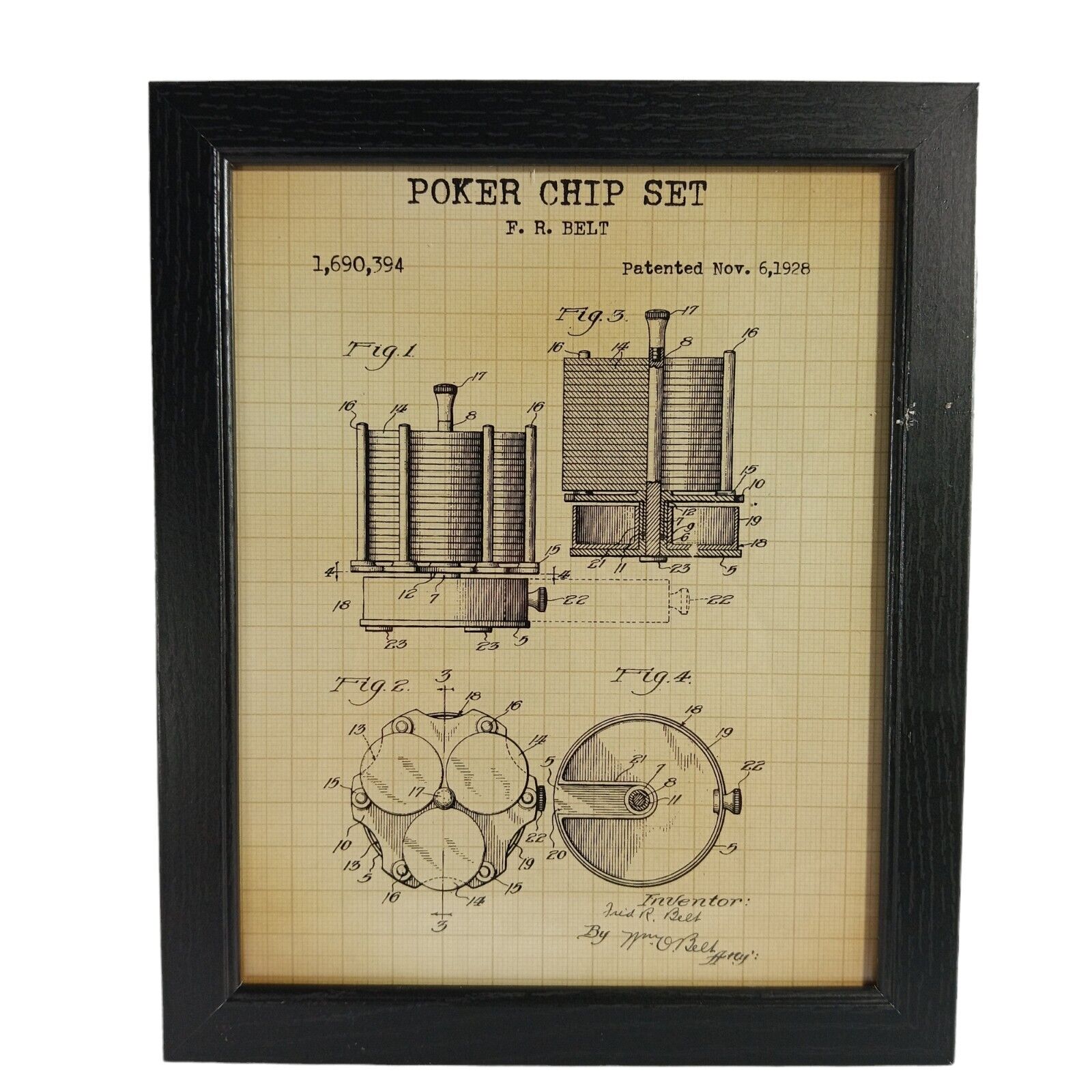 F.R Belt Poker Chips Set Patent Print Nov 6, 1928 Framed Photo Man Cave 