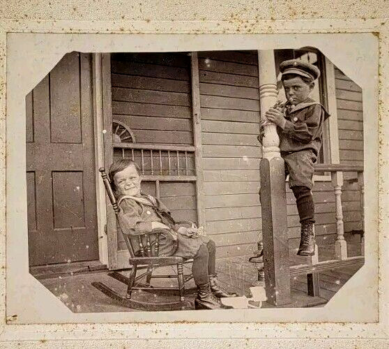 Antique Candid Photo Brothers Boys House Porch Victorian Dressed Child Play ID\'d