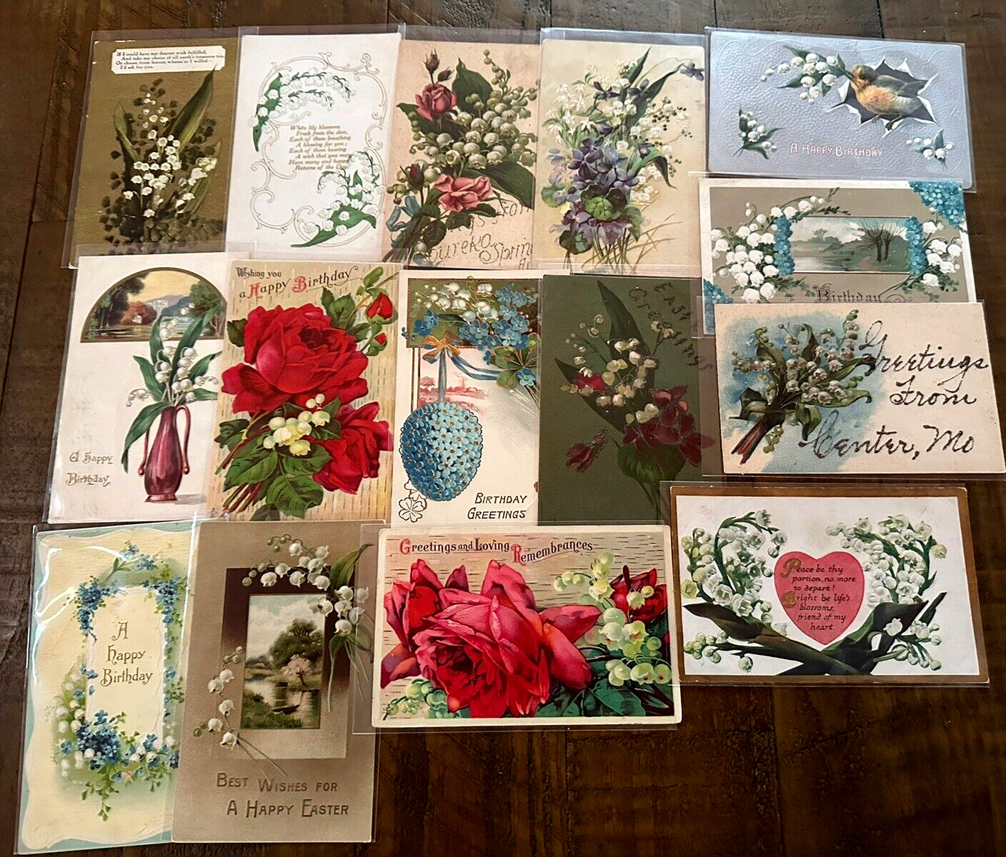 Pretty Lot of 15 Antique Greetings Postcards w. Lily of the Valley Flowers-k-46