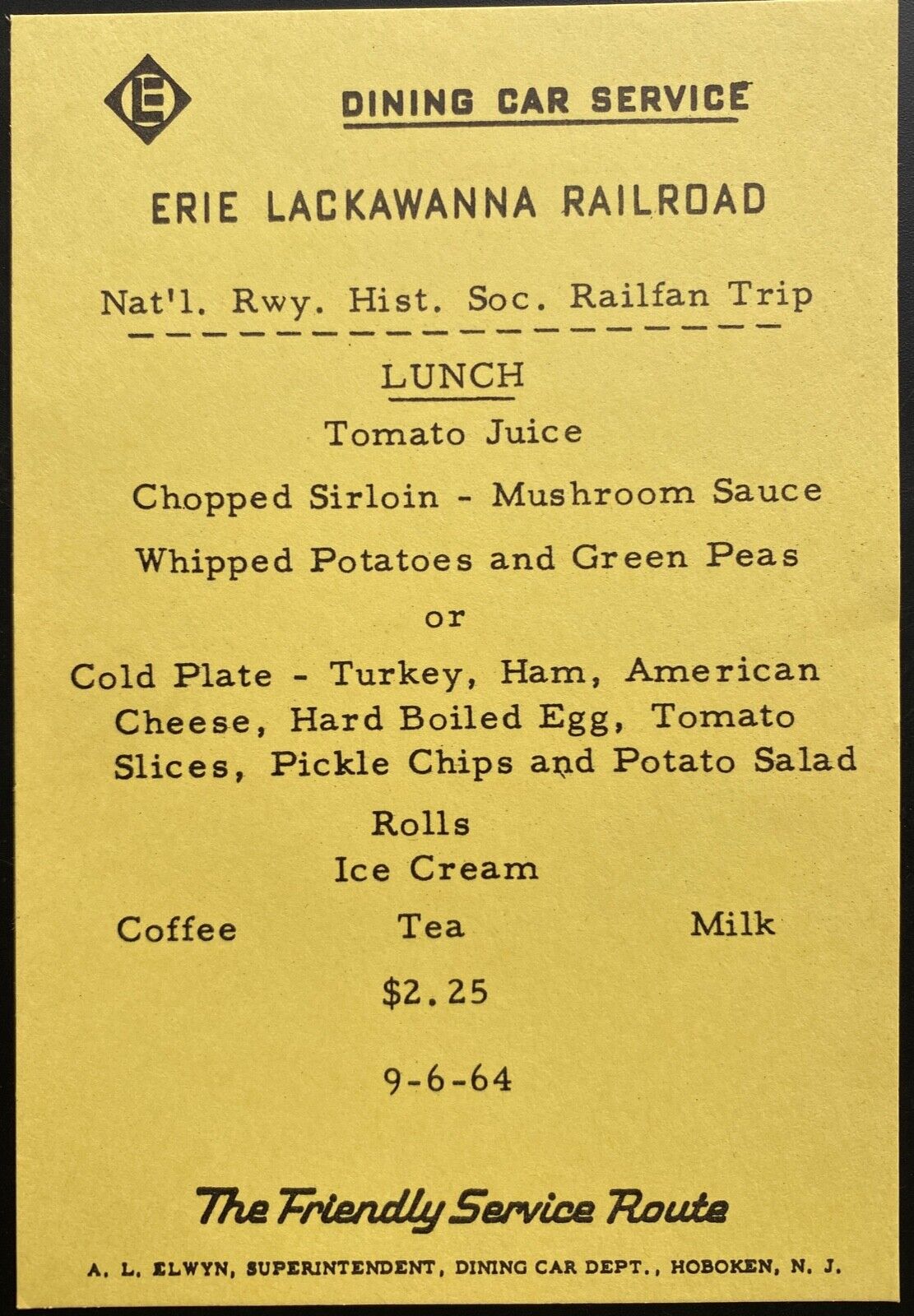 1964 ERIE LACKAWANNA RAILROAD vintage lunch menu DINING CAR SERVICE Hoboken, NJ