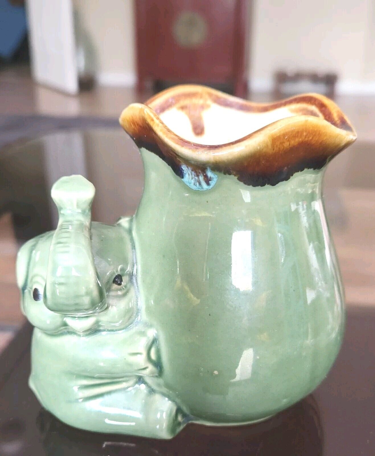 Vintage Glazed Pottery Green Elephant Hugging Vase/ Planter