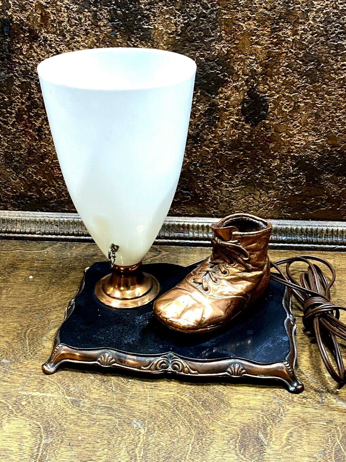 Vintage Bronze Baby Shoe w Night Light / Nursery Lamp - Mid Century Bedroom