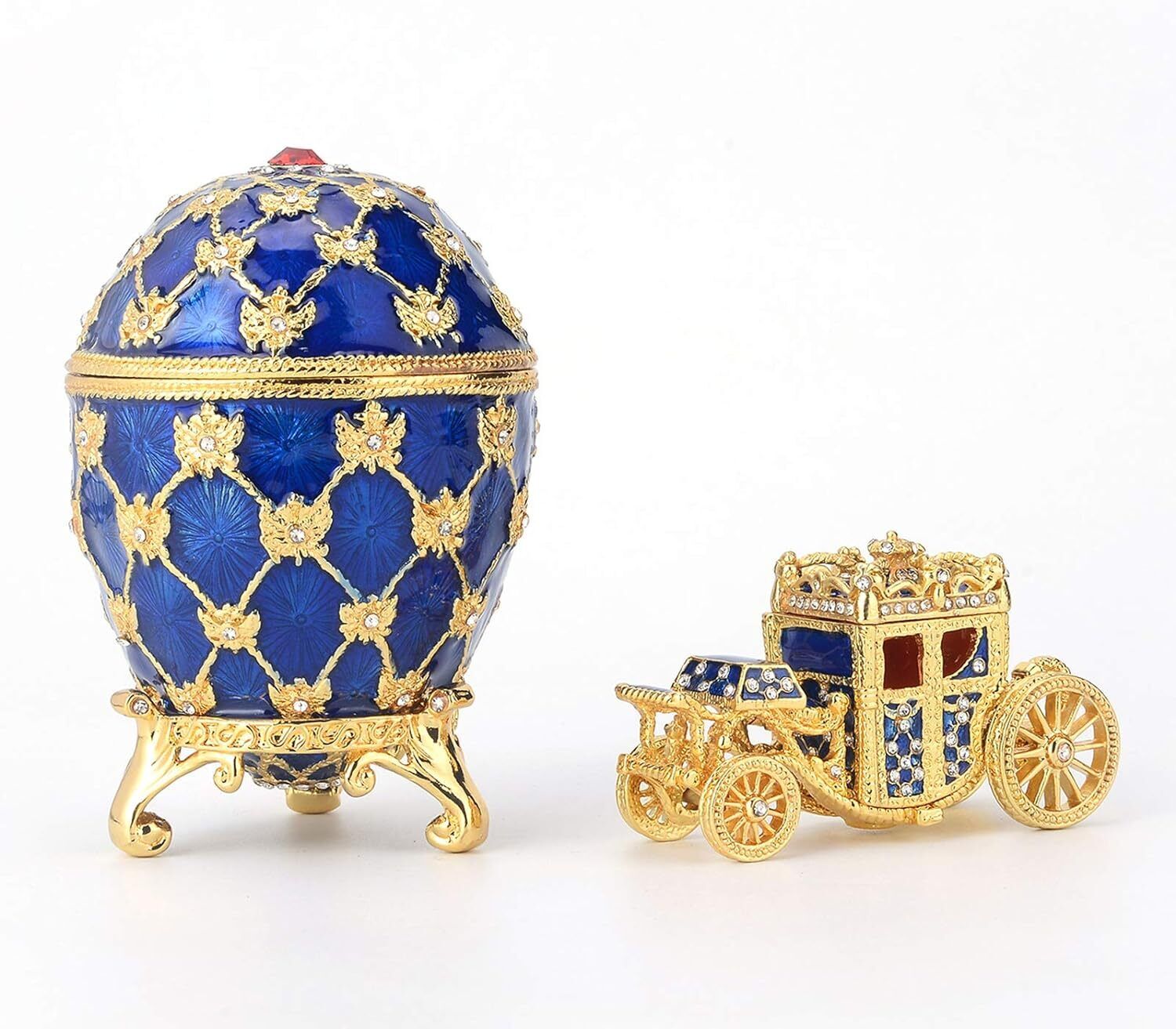 QIFU Vintage Faberge Egg Style Jewelry Trinket Box with Mini Royal Blue