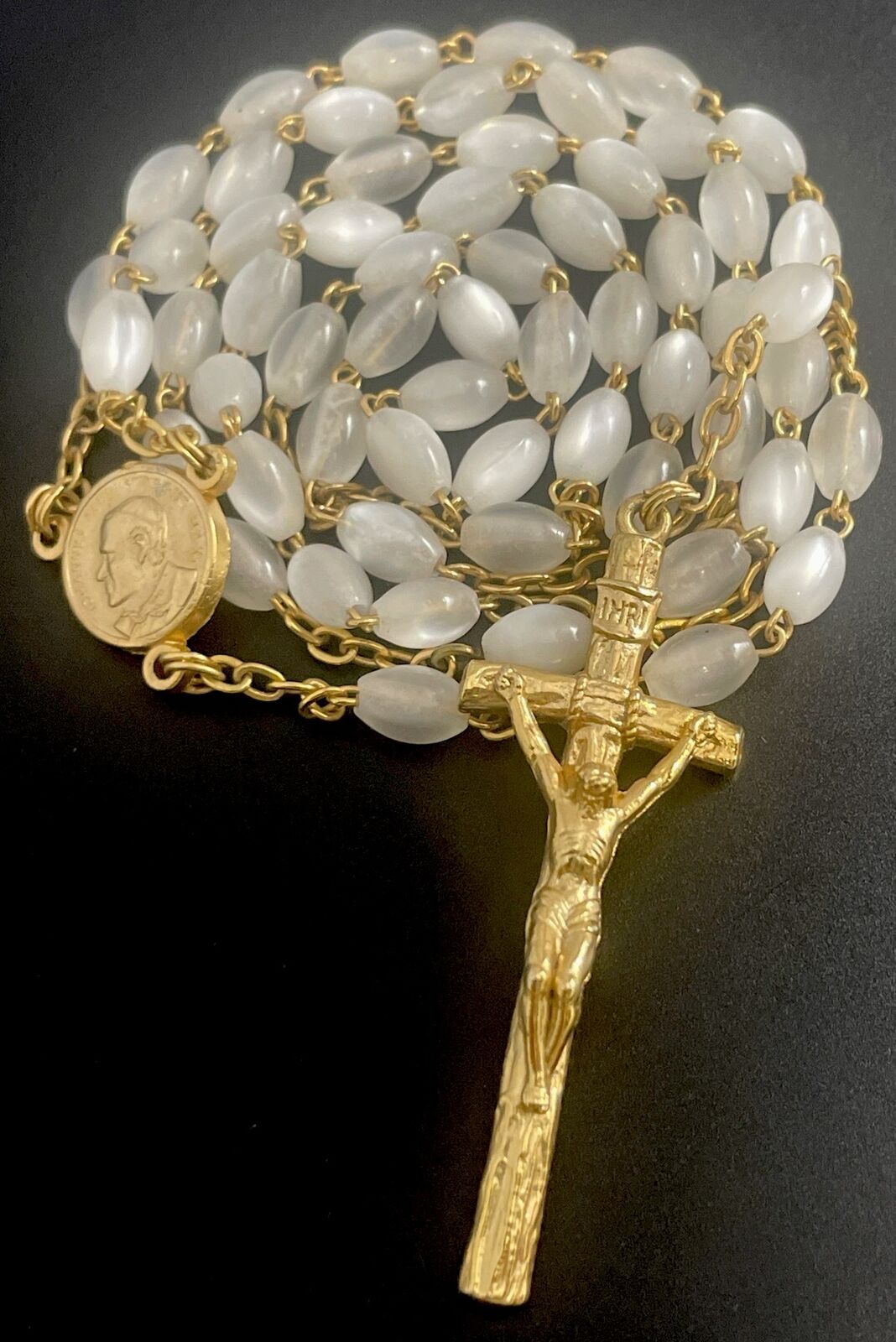 Vintage Moon Glow Bead 5 Decade Petite Rosary, Gold Tone Crucifix Italy