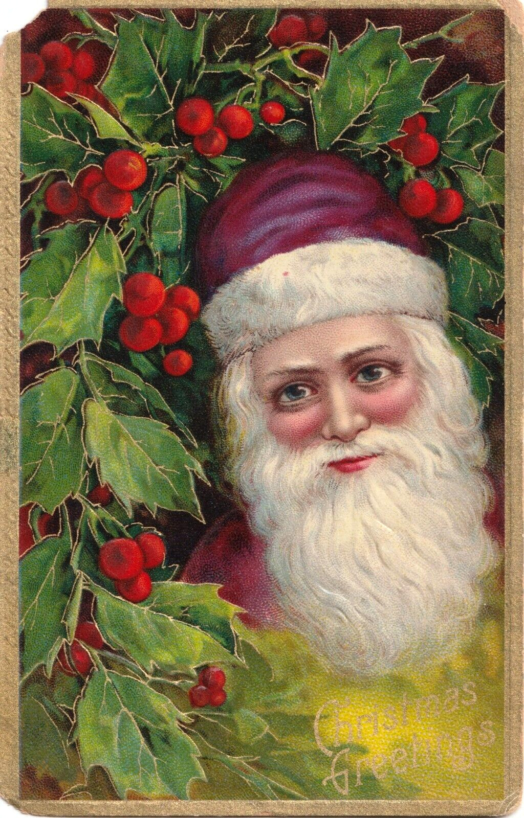 Christmas Greetings-Santa Claus Embossed-antique postcard-Made in Germany