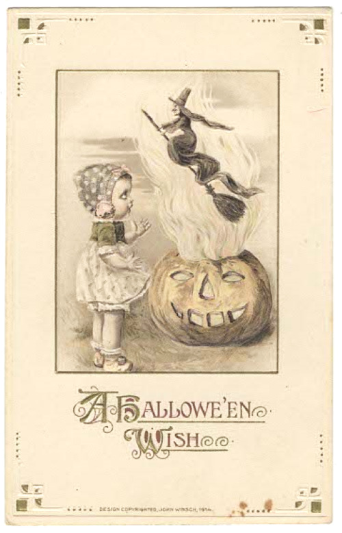 VINTAGE HALLOWEEN POSTCARD -- WINSCH  FLYING WITCH RISES FROM LIT JOL