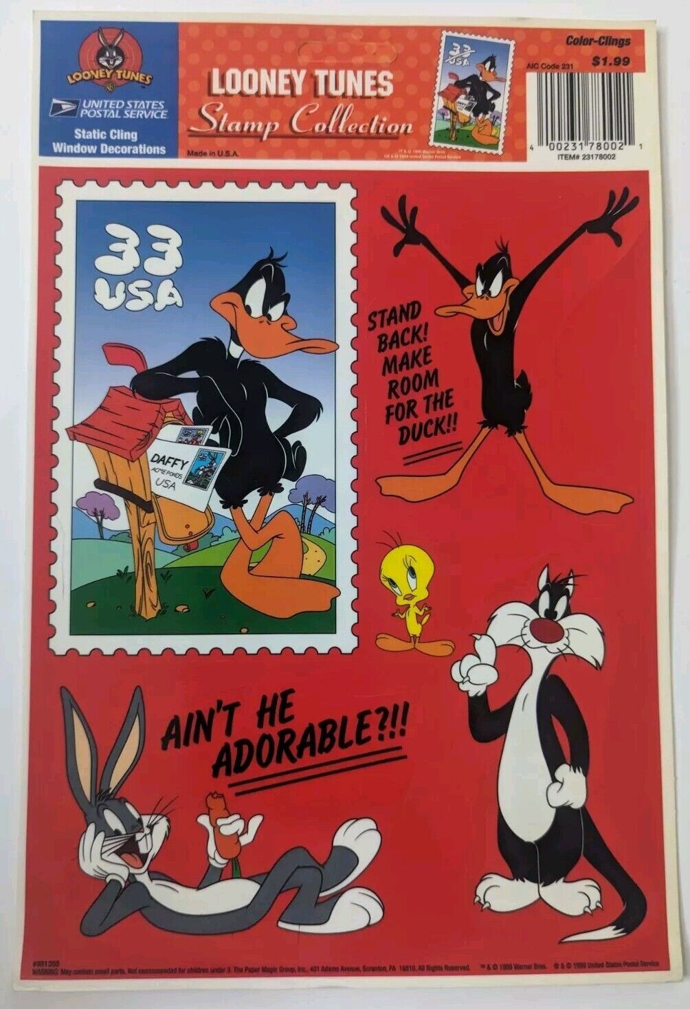 USPS 1999 Looney Tunes Static Window Cling, New