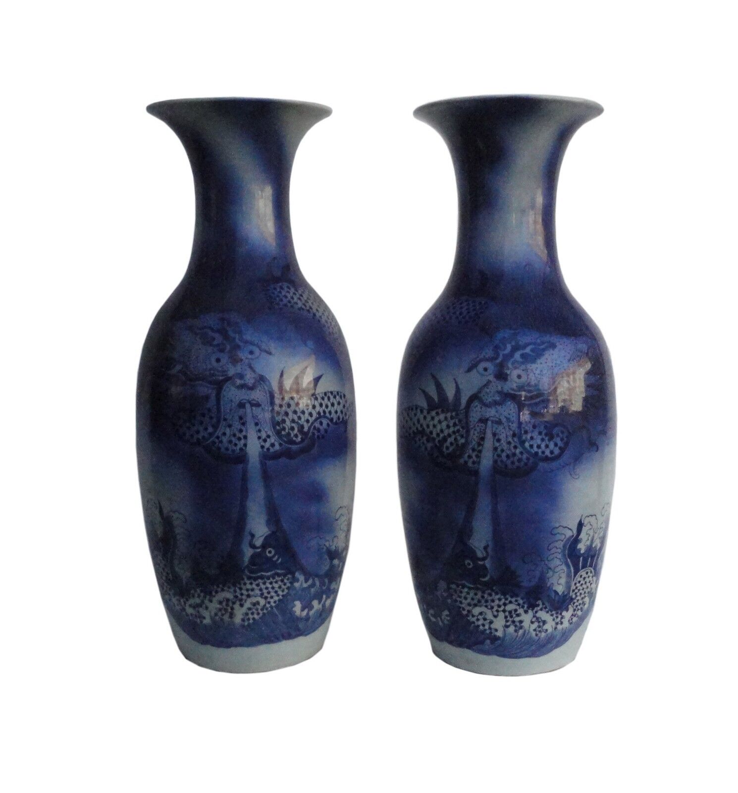 Pair Large Chinese Blue & White Dragons Fishes Porcelain Vases mh428