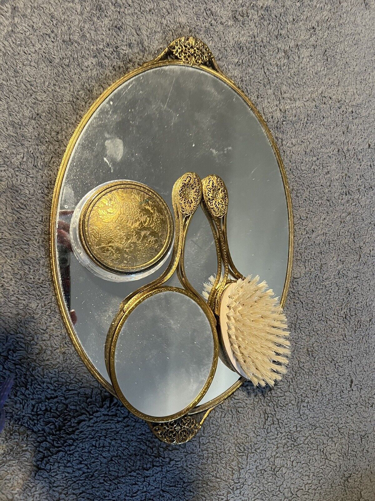 Vintage 4 pc Brass & Embroidered Vanity Set With Mirrored Tray