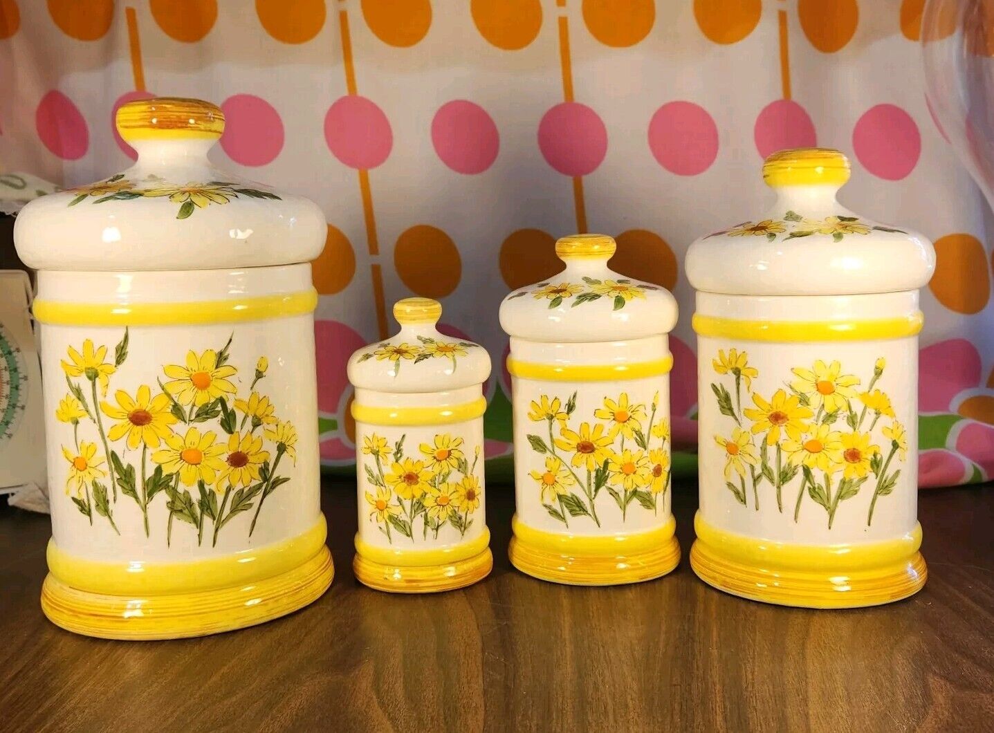Vintage 1978 Sears Roebuck & Co. 4 Piece Jar Canister Set Yellow Daisies 