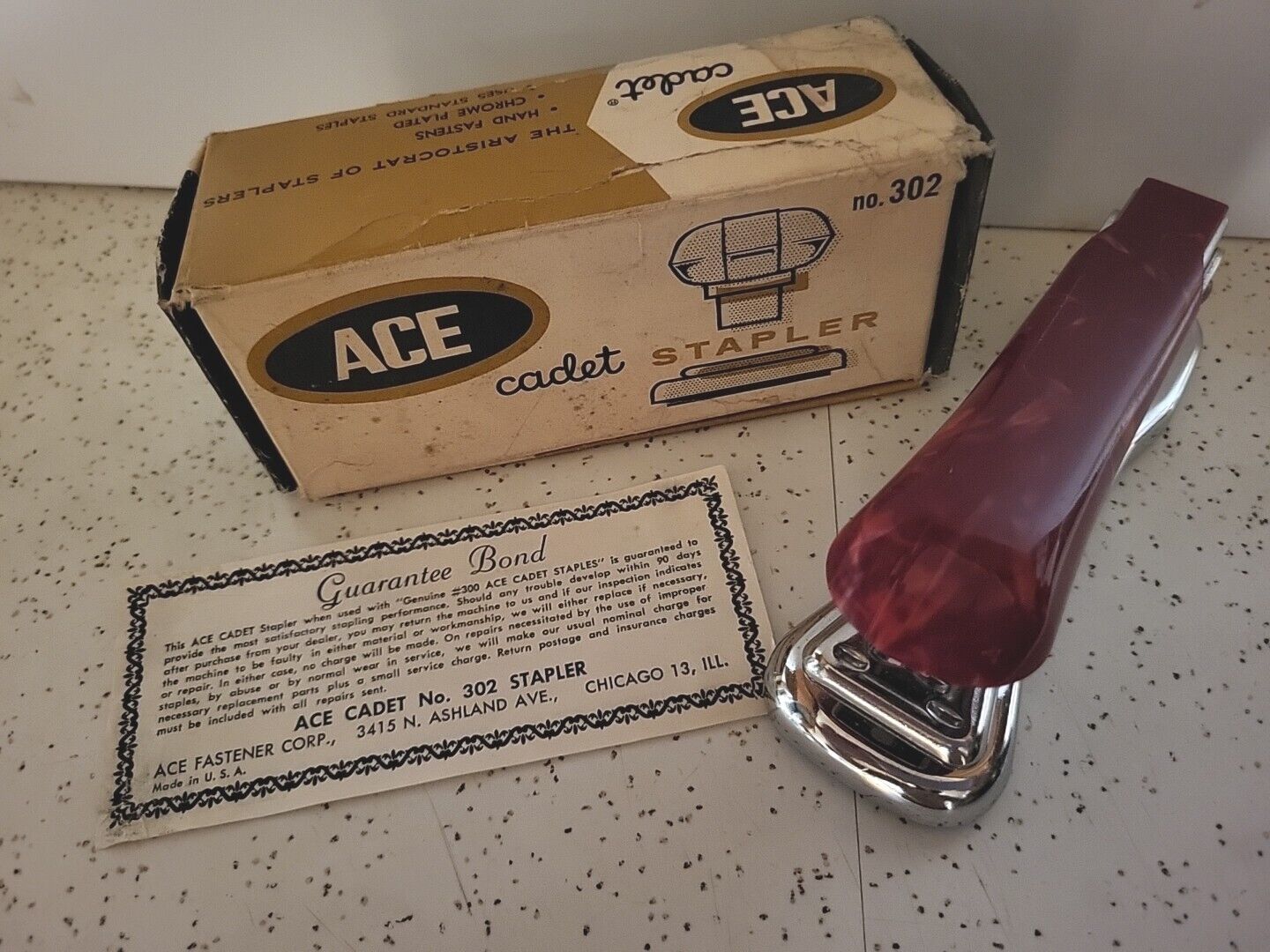 Vintage Ace Cadet # 302' Stapler BEAUTIFUL Burgundy Swirl Top W/ Box