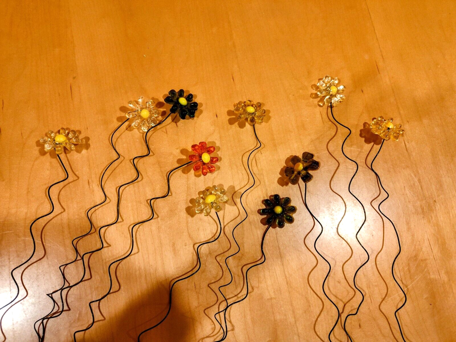VTG Lucite Acrylic Flowers Wire Stems 10 LOT ORANGE YELLOW MOD MCM Bouquet Craft