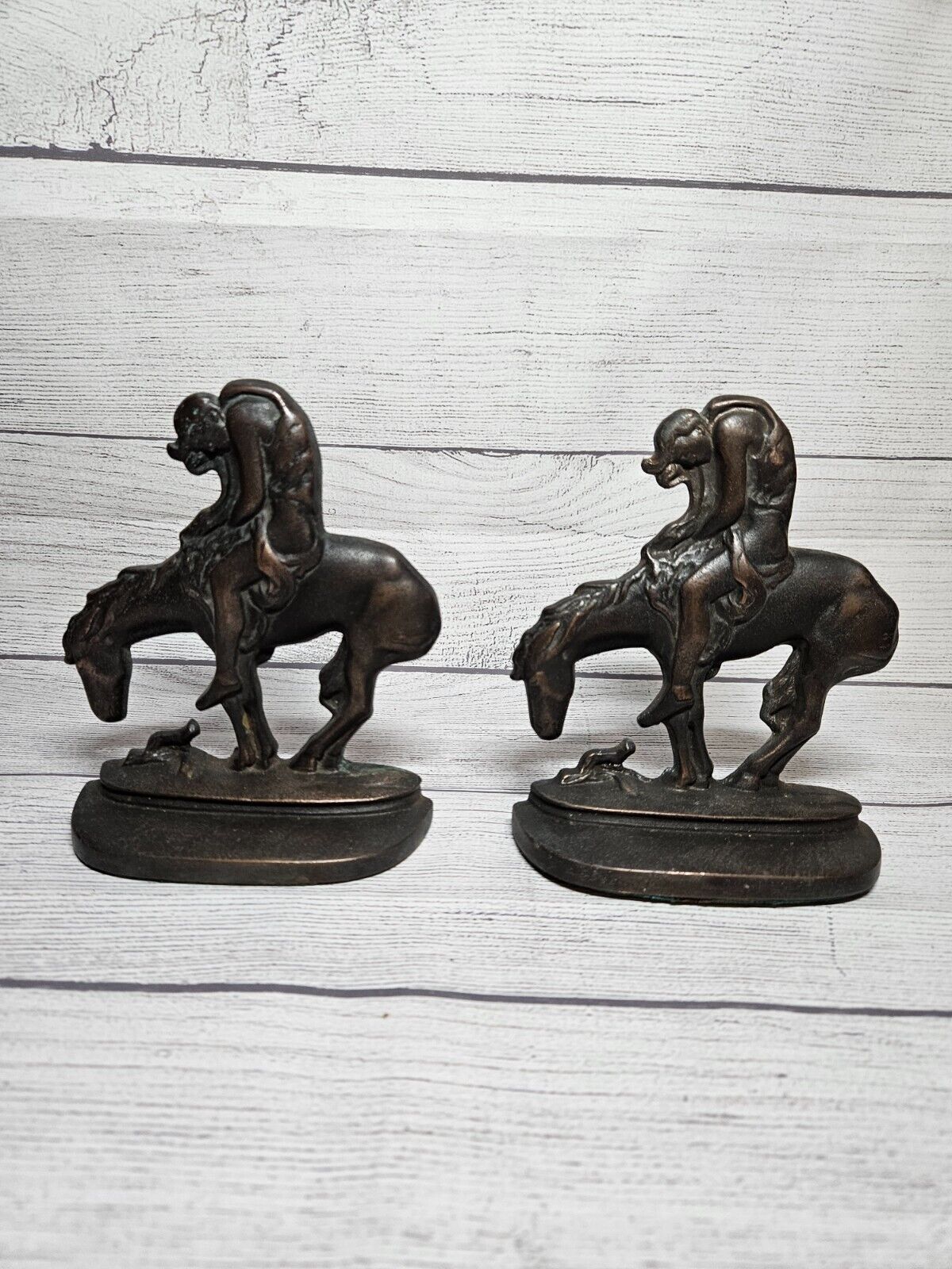Vintage Cast Iron Western Cowboy On Horse Bookend Pair - Small - 6\