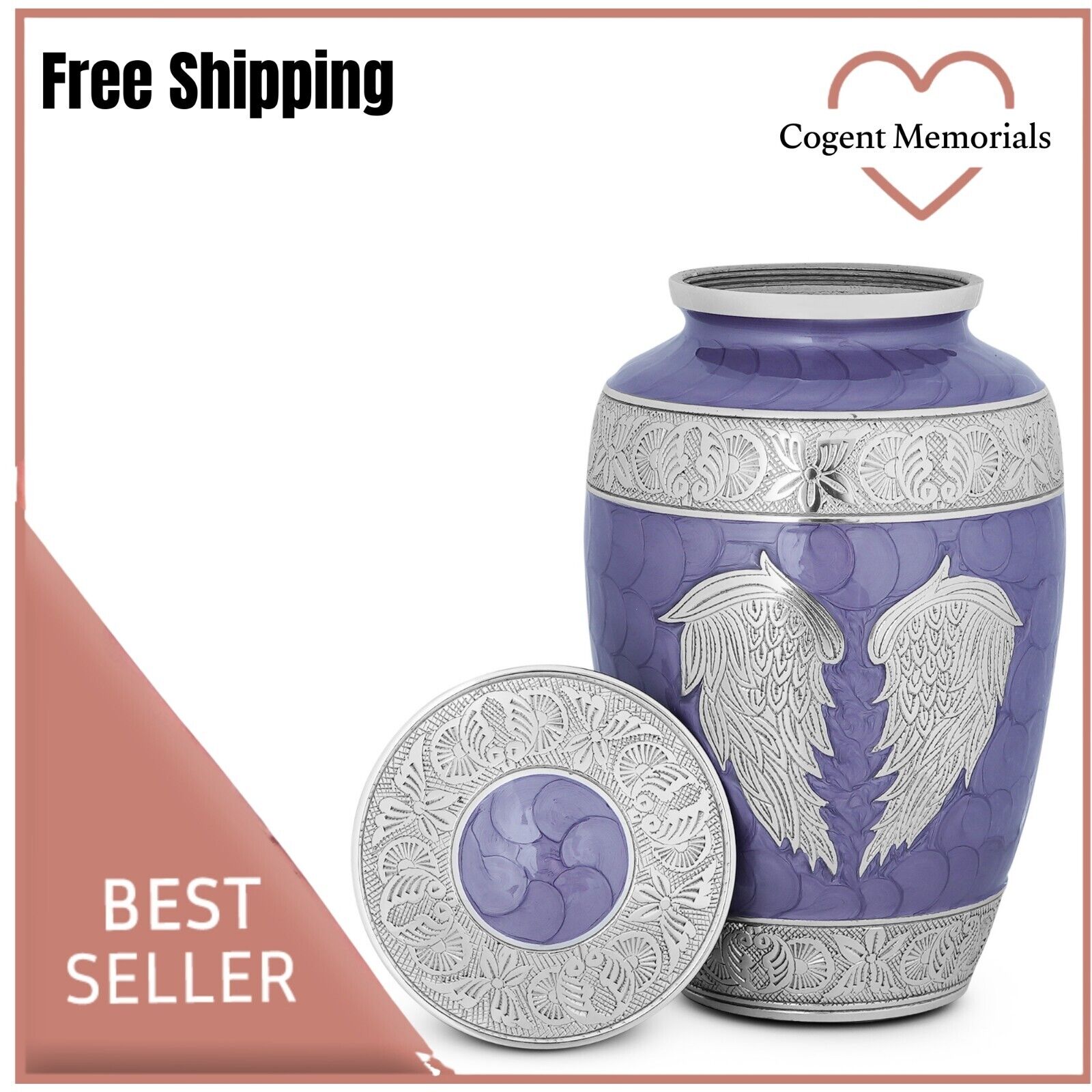 Heavenly Peace Purple Wings of Love Large Cremation Urn for Human Ashes & bag