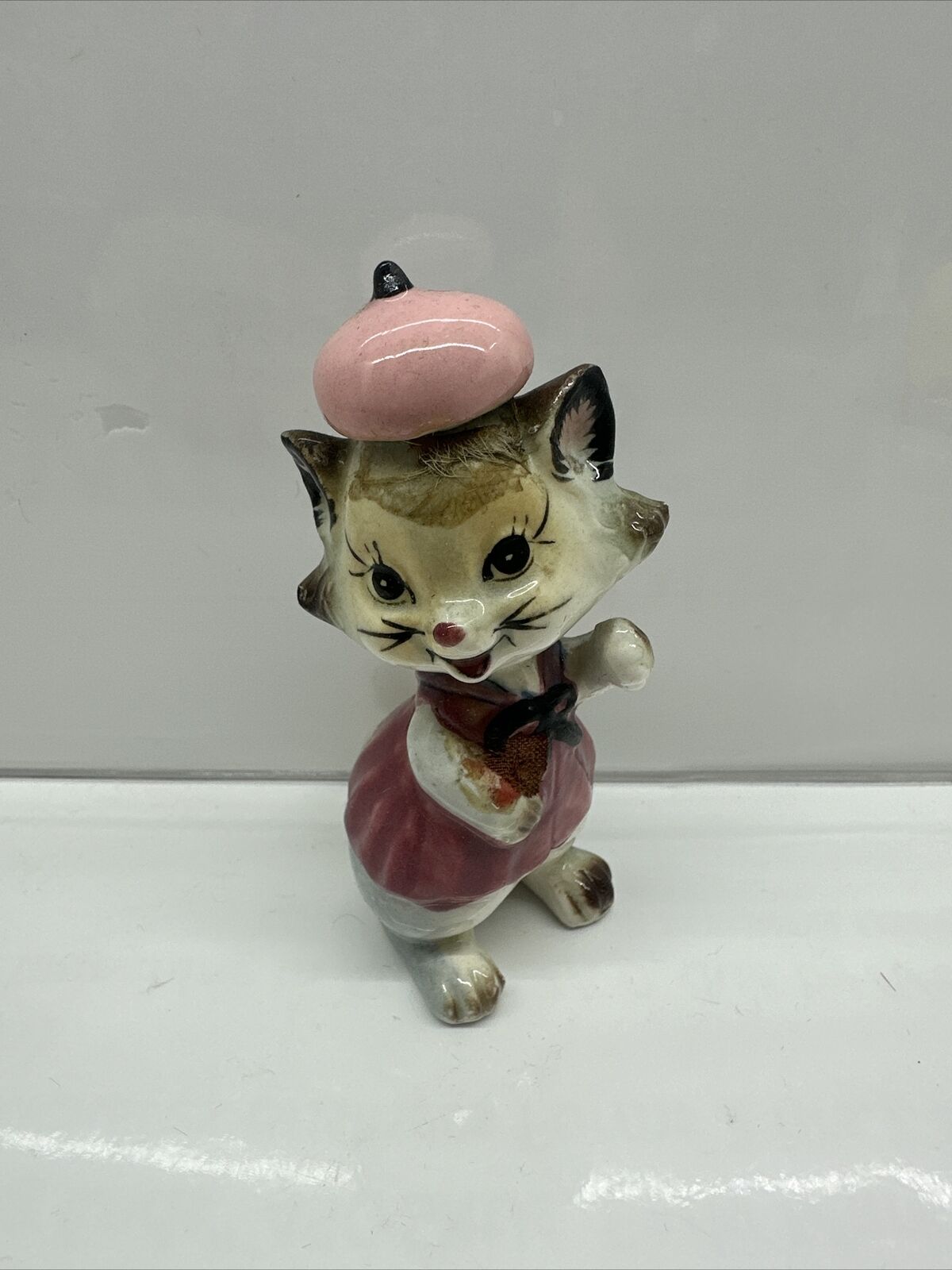 Vintage Ceramic Figurine Laughing Cat With Faux Fur Japan Very Rare 1950s