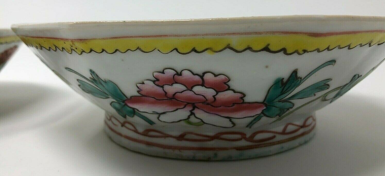 Vintage enameled bowls with peonies in famille rose palette, set of two