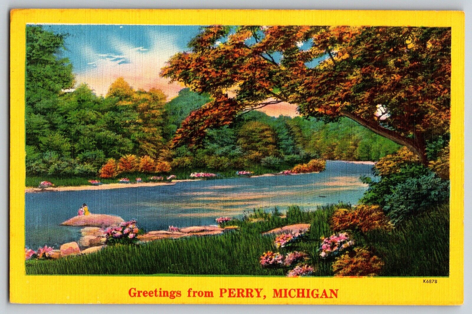 Perry, Michigan MI - Greetings - River Grass - Trees Nature - Vintage Postcard