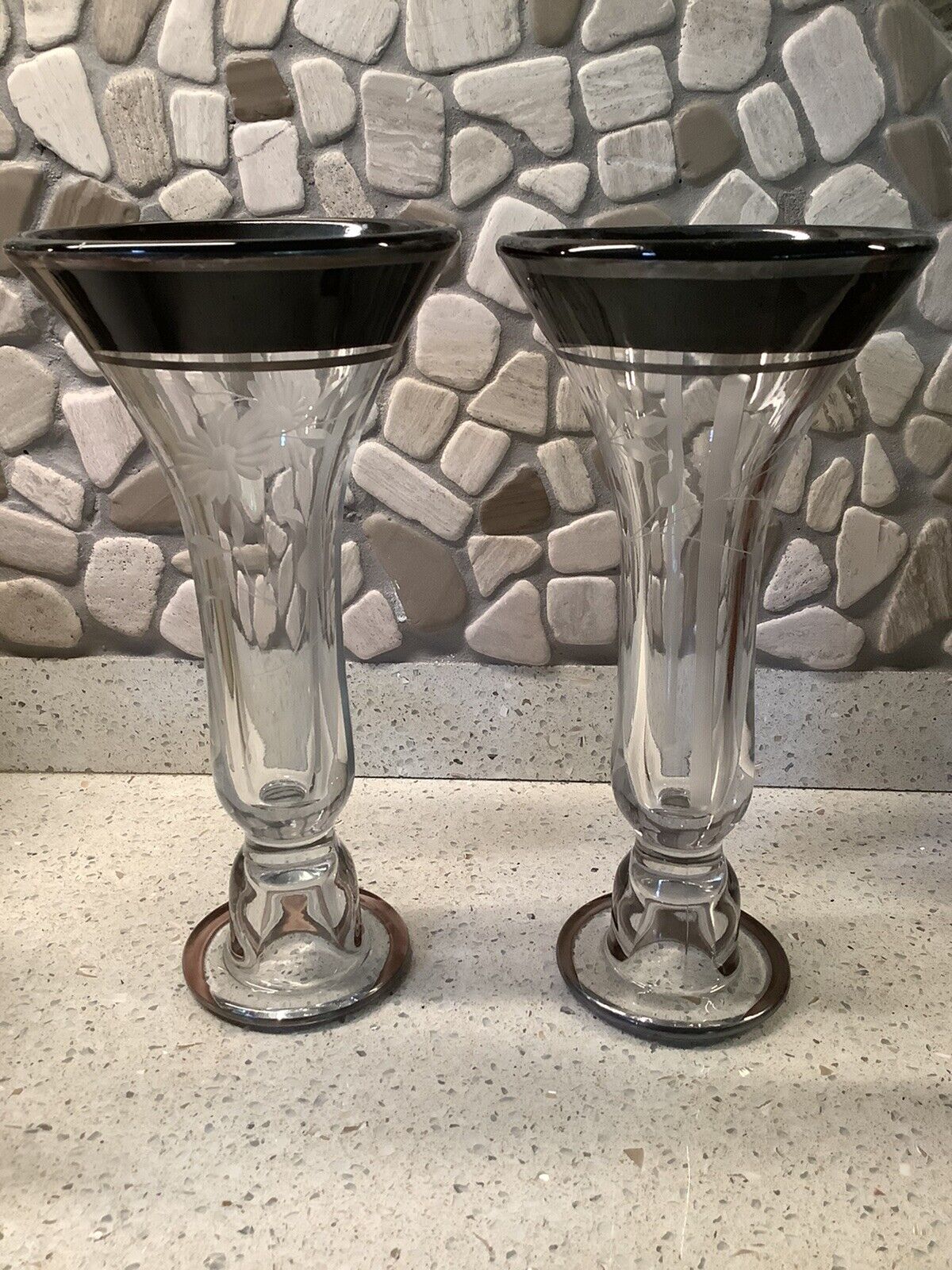 Vintage Pair of Identical Etched Glass Vases Black Trim Elegant Mantle