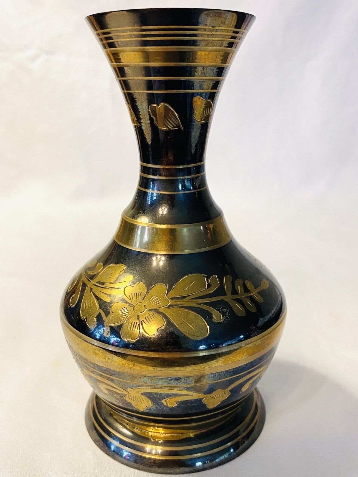 Vintage Etched Solid Brass Floral Pedestal Vase Engraved Carved 5.5”