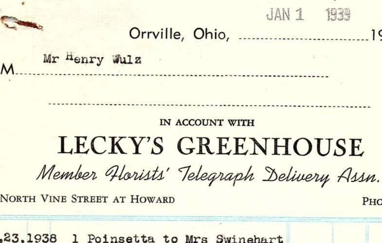 1939 LECKY\'S GREENHOUSE ORRVILLE OHIO HENRY WULZ  BILLHEAD INVOICE Z2275