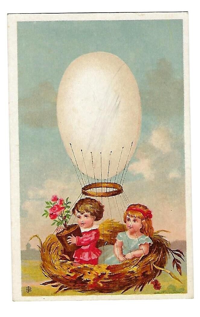 c1890 Victorian Stock Trade Card Children Flying on a Hot Air Egg Balloon