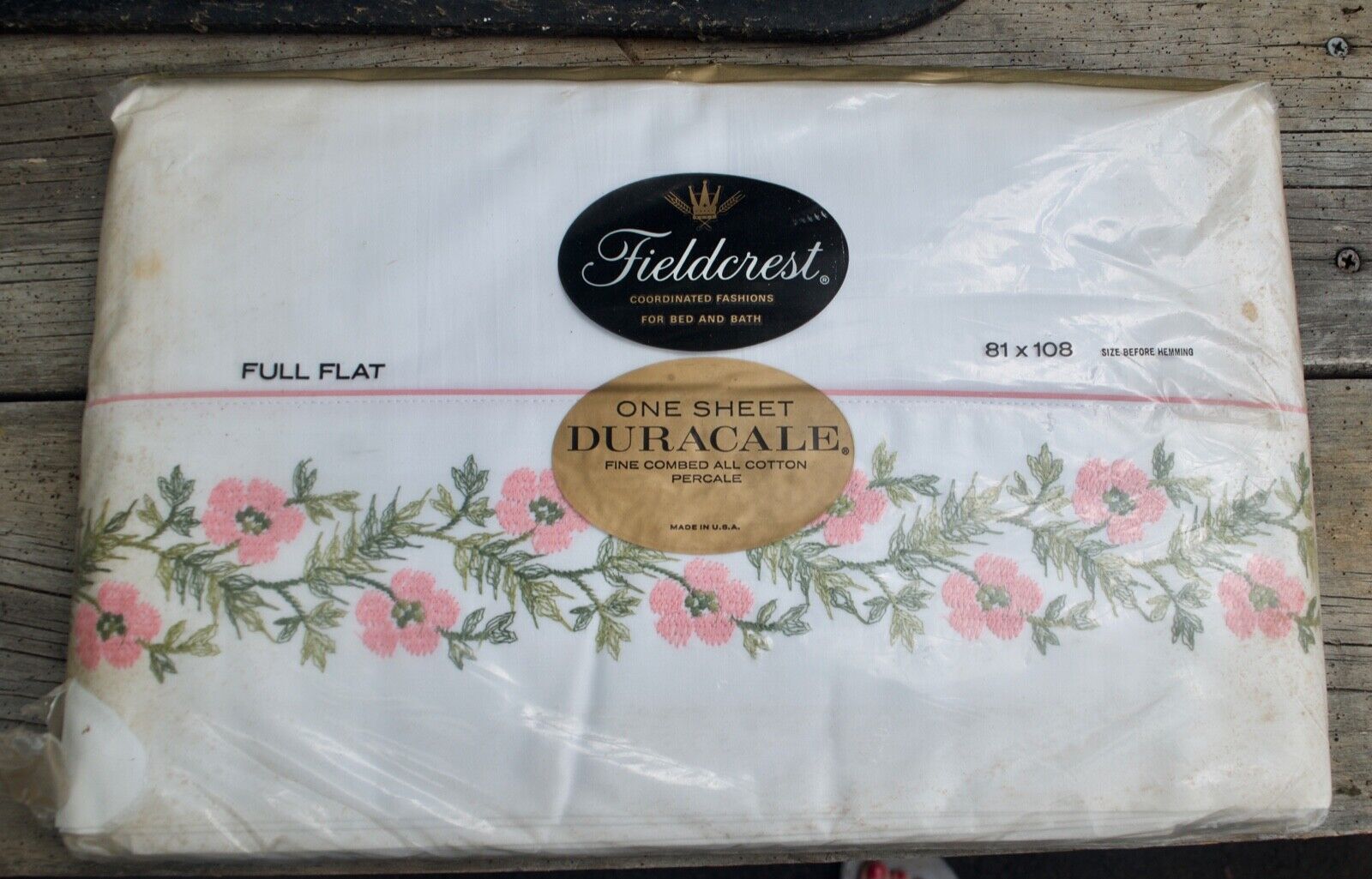 vintage Fieldcrest Duracale Pink Roses White Full Flat Sheet NOS embroidered