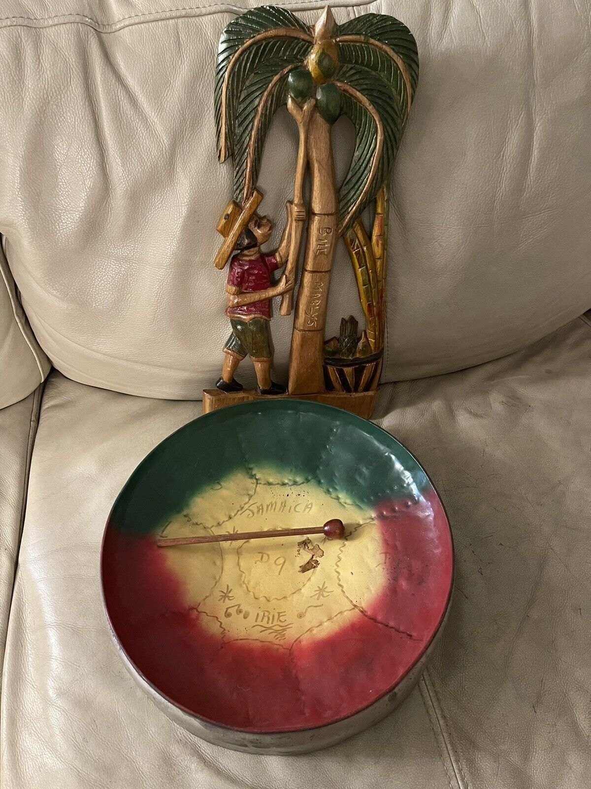 Vintage Jamaican Steel Drum and Bill Marley’s Carved Wall Hanging Jamaica