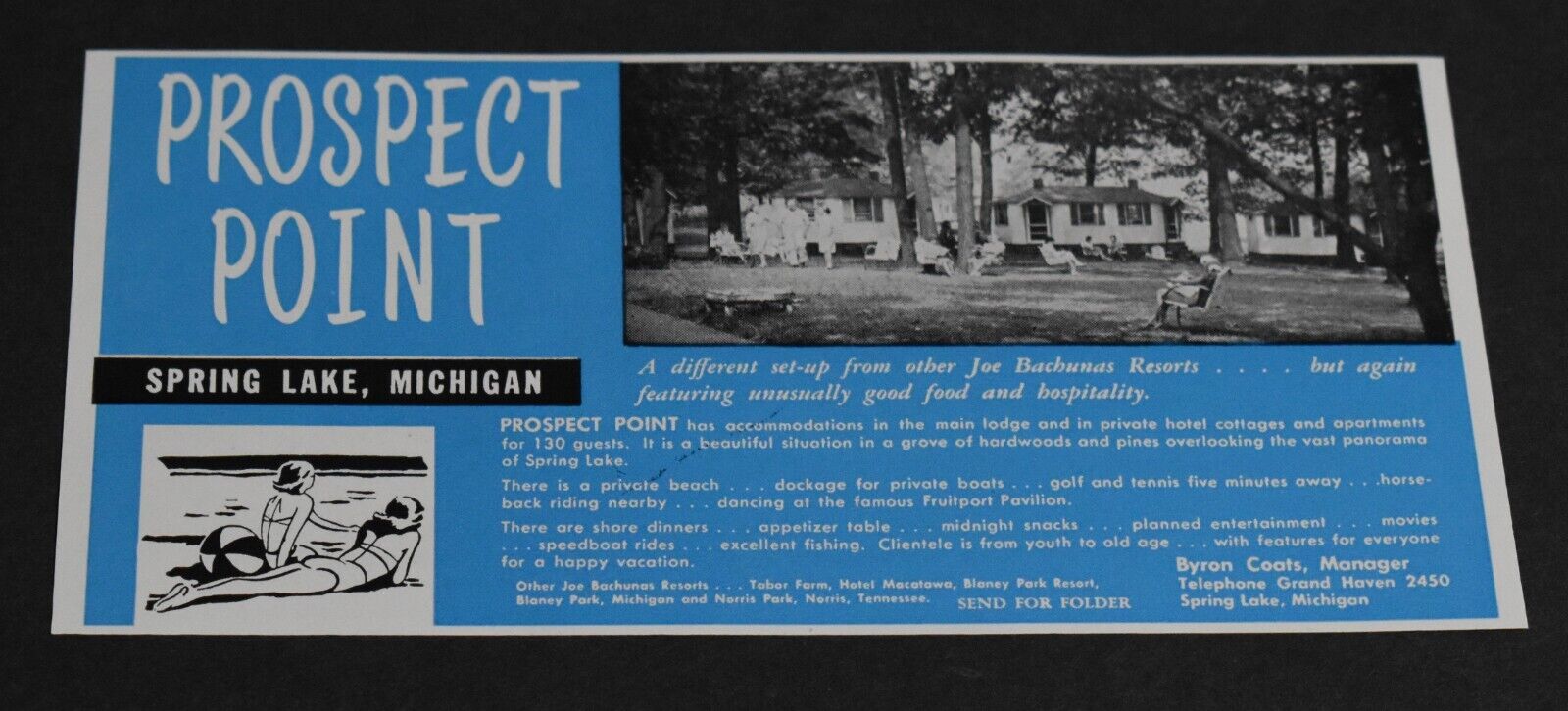 1951 Print Ad Michigan Spring lake Prospect Point Byron Coats Bachunas Resorts