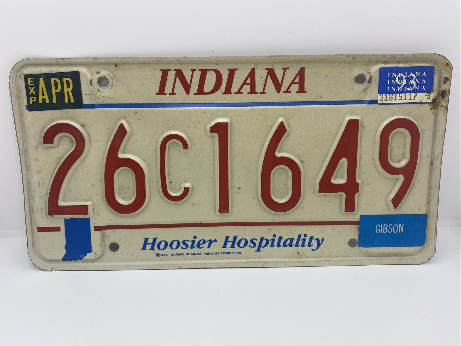 Vintage 1989 Indiana License Plate Hoosier Hospitality Gibson