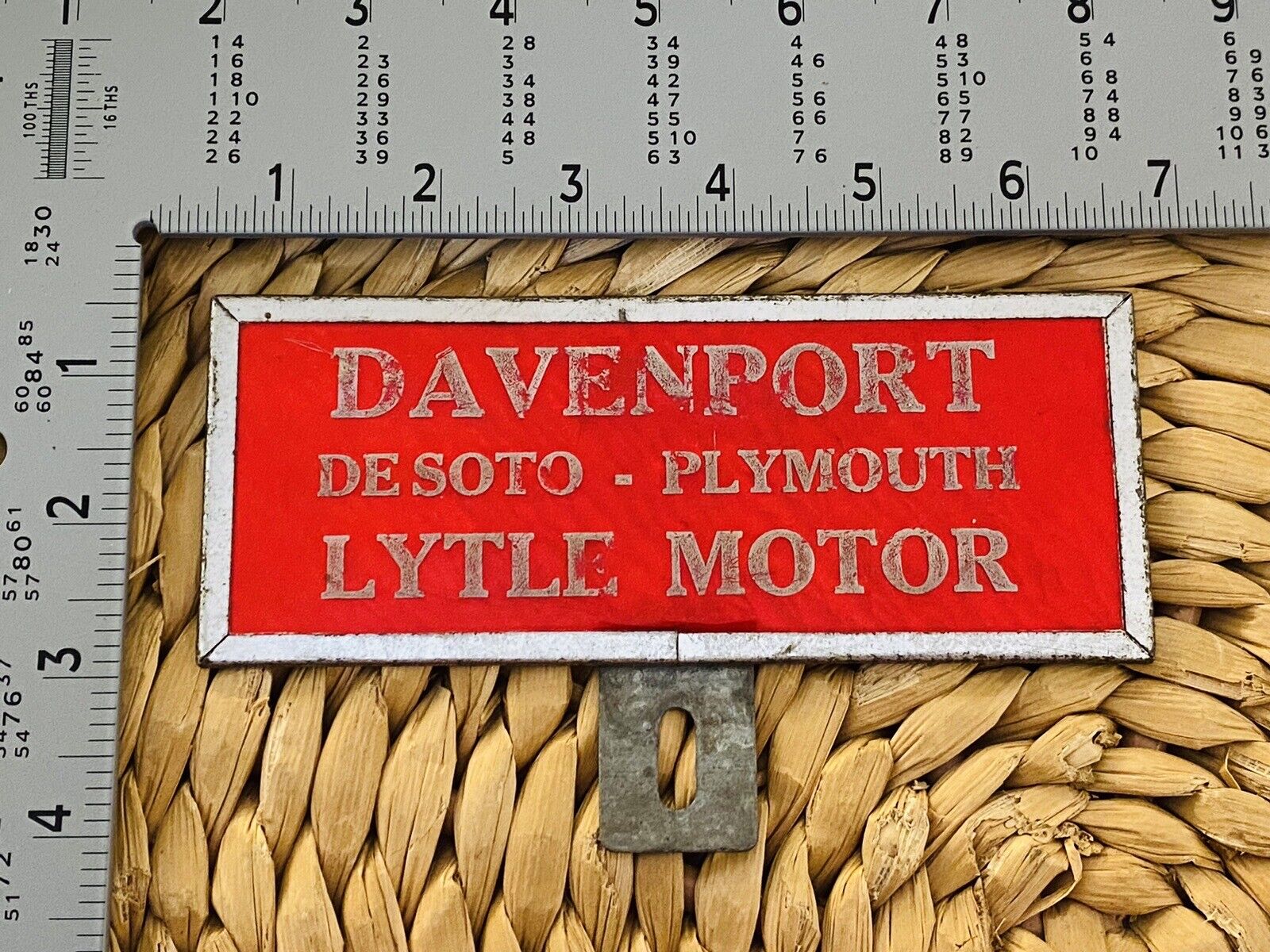 1940 Era Davenport Iowa Desoto Plymouth License Plate Topper Sign Garage Dealer