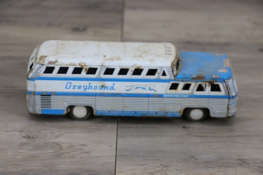Vintage 1950s Tin Greyhound Toy Bus White Blue