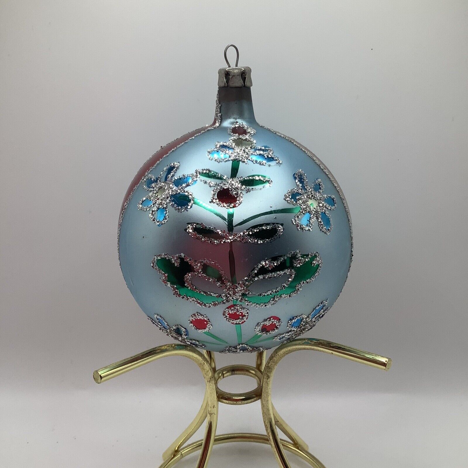 Vintage Mercury Glass & Mica Design Satin Blue Christmas Ornament Poland