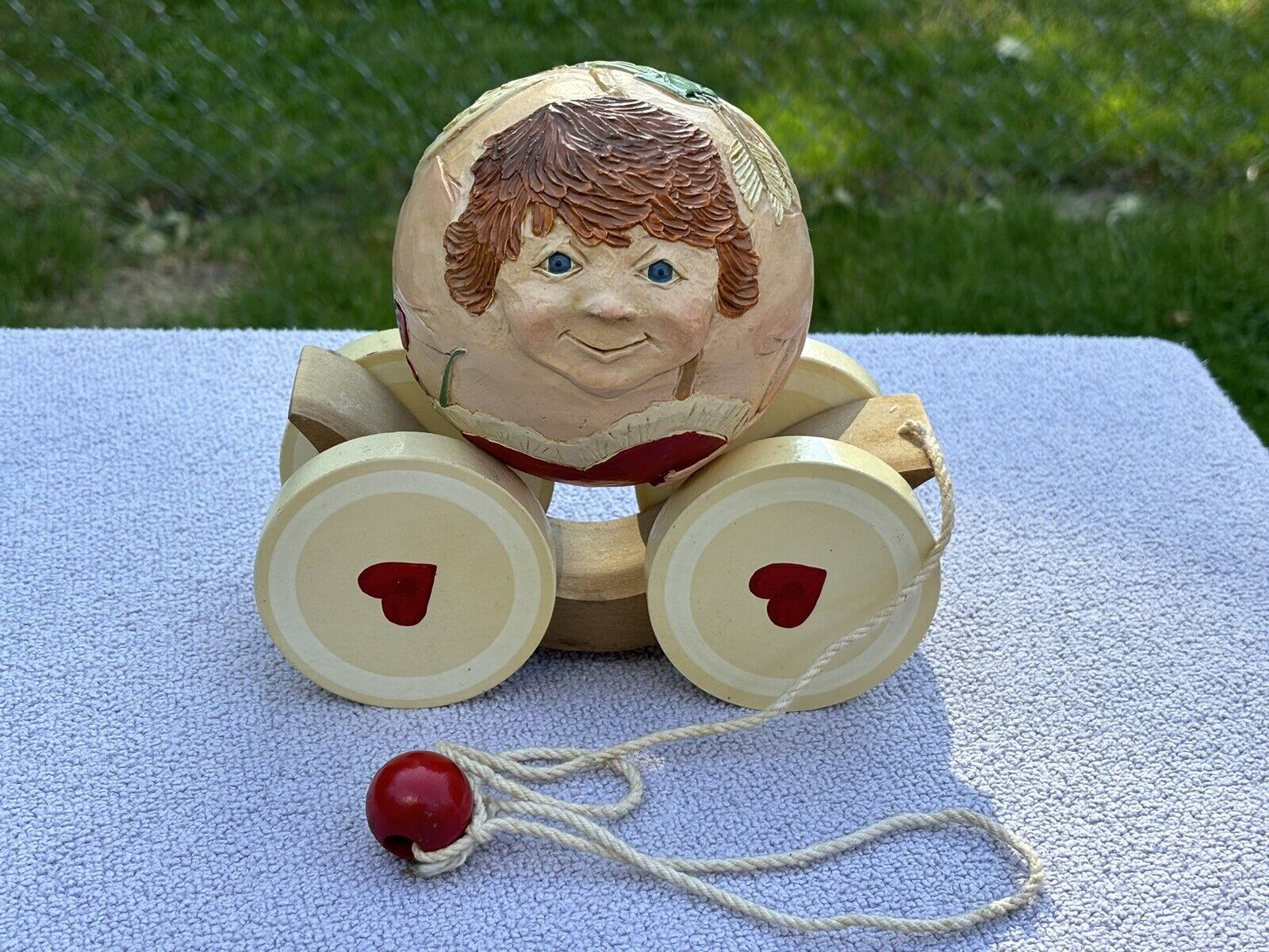 BRIERE Folk Art Pull Toy 1995 Cupid With Wings Ball & Hearts Cart /Cradle #69