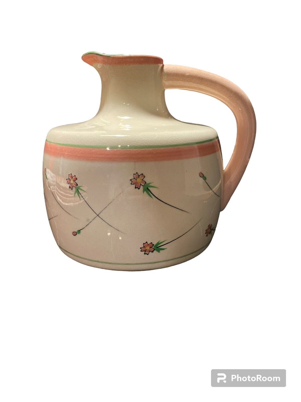 Vintage Pink & Green MCM Hand Painted Pitcher 7 1/2” Tall