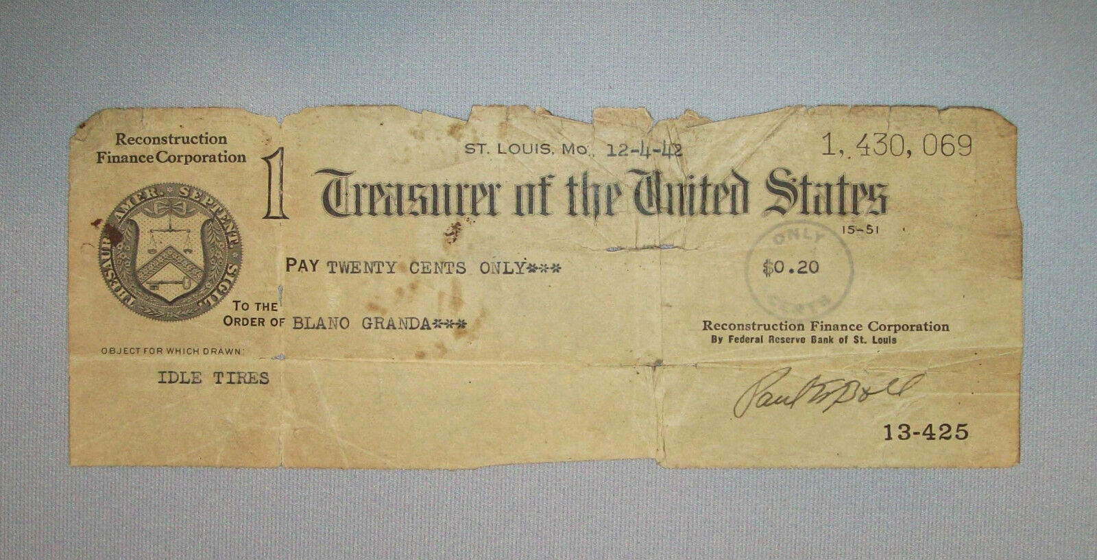 WWII Vtg 1942 US Treasury Check .20 Cents For Idle Tires WWII Rubber Drive